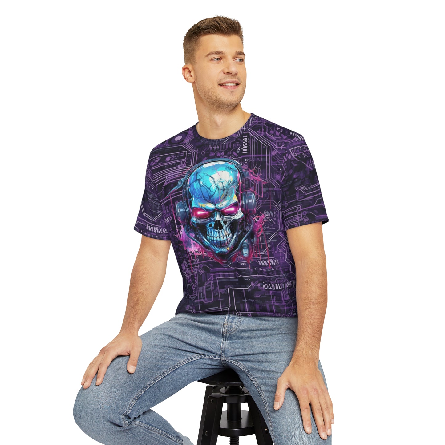 CyberPunk Cybernetic Skull breaking through a Purple Neon Circuit Board Men's Polyester Tee (AOP)