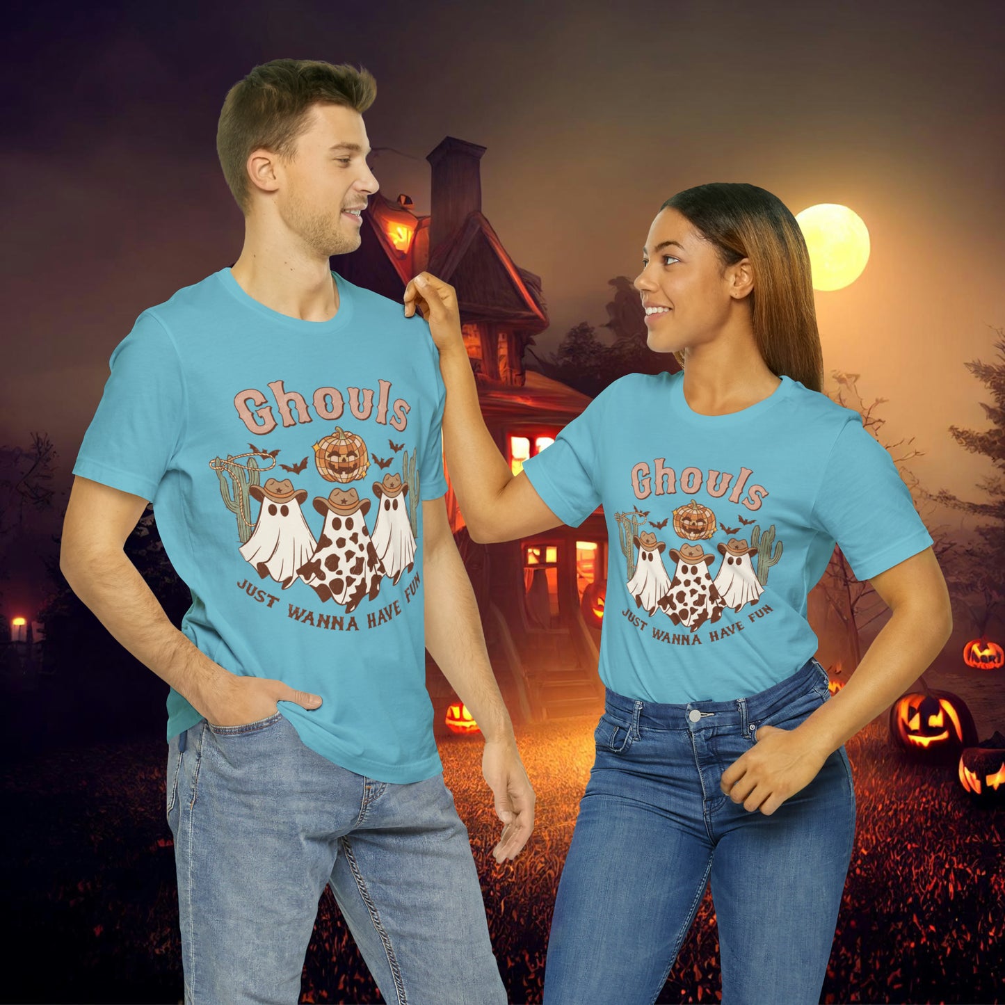 Ghouls Just wanna have fun Cowgirl Ghosts Retro Halloween Unisex Jersey Short Sleeve Tee Gifts for her