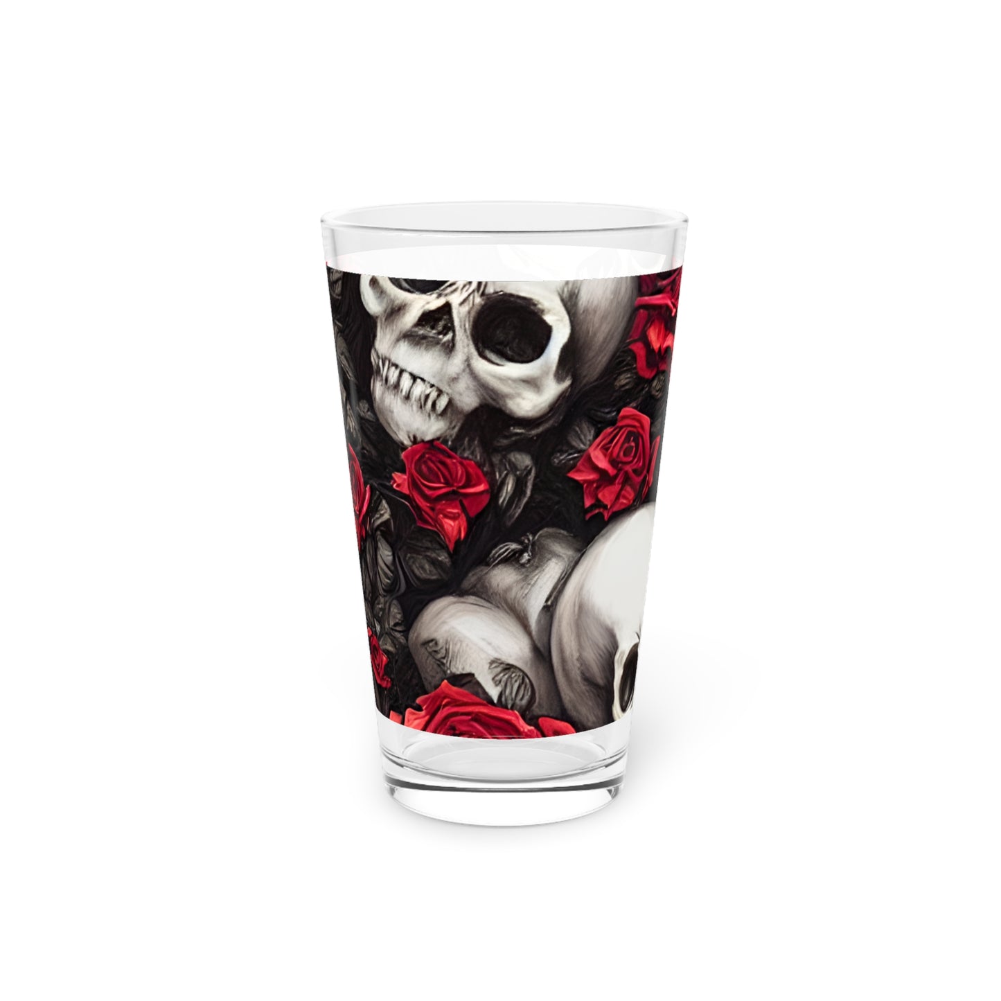 Hyper Realistic Skulls and Red Roses by artist Anne-Laure Goupil Pint Glass, 16oz