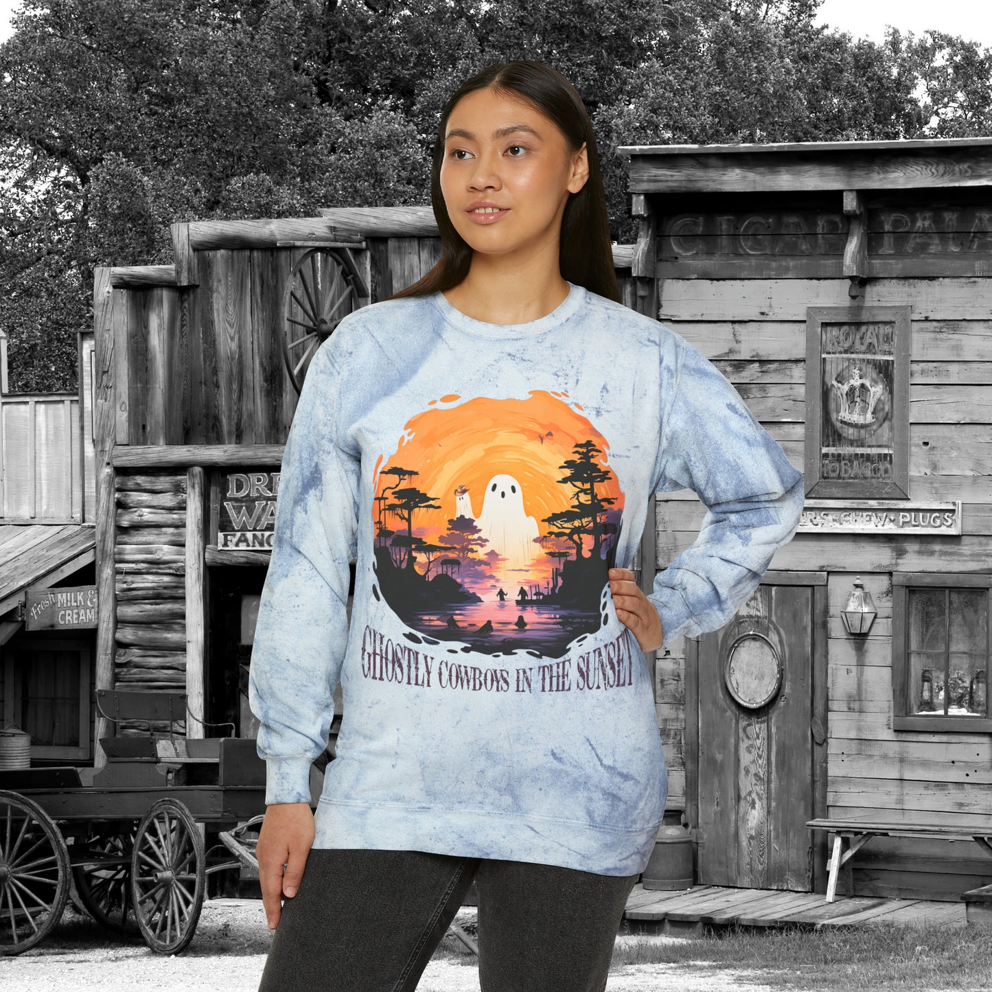 Ghostly Cowboys In the Sunset Western Halloween Unisex Color Blast Crewneck Sweatshirt Gifts for Her Gifts for Him