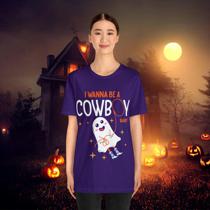 Little Ghost Saying I wanna be a cowboy baby Retro Groovy Western Halloween Unisex Jersey Short Sleeve Tee Gifts for Him Gifts for her.