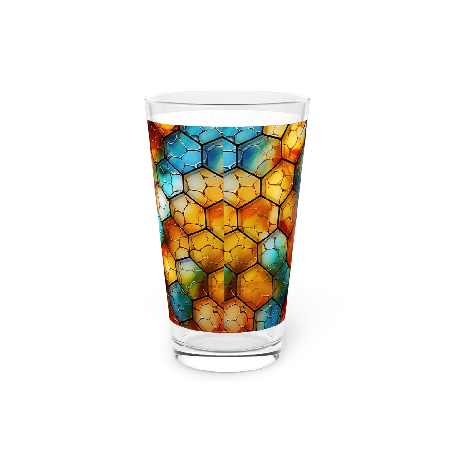 Buzzing Beauty: A Blue and Yellow Honeycomb Stained Glass Artwork on a 16oz Pint Glass Gift idea gifts for home decor housewarming gift