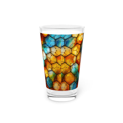 Buzzing Beauty: A Blue and Yellow Honeycomb Stained Glass Artwork on a 16oz Pint Glass Gift idea gifts for home decor housewarming gift