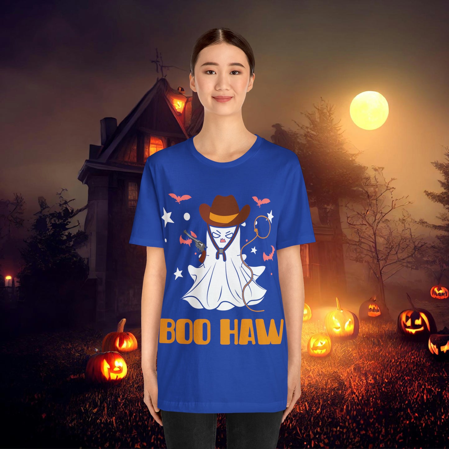 Ghost Cowboy Gunslinger saying Boo Haw Retro Western Halloween Unisex Jersey Short Sleeve Tee Gifts for Her Gifts for Him