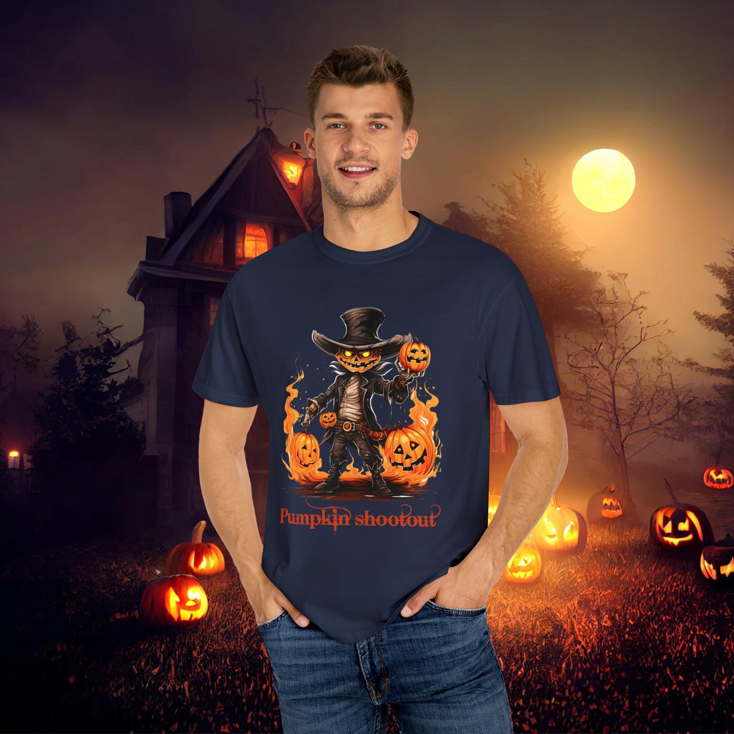 Cowboy Skeleton Gunslinger Pumpkin Shoot Out Halloween Unisex Garment-Dyed T-shirt Gifts for her Gifts for him