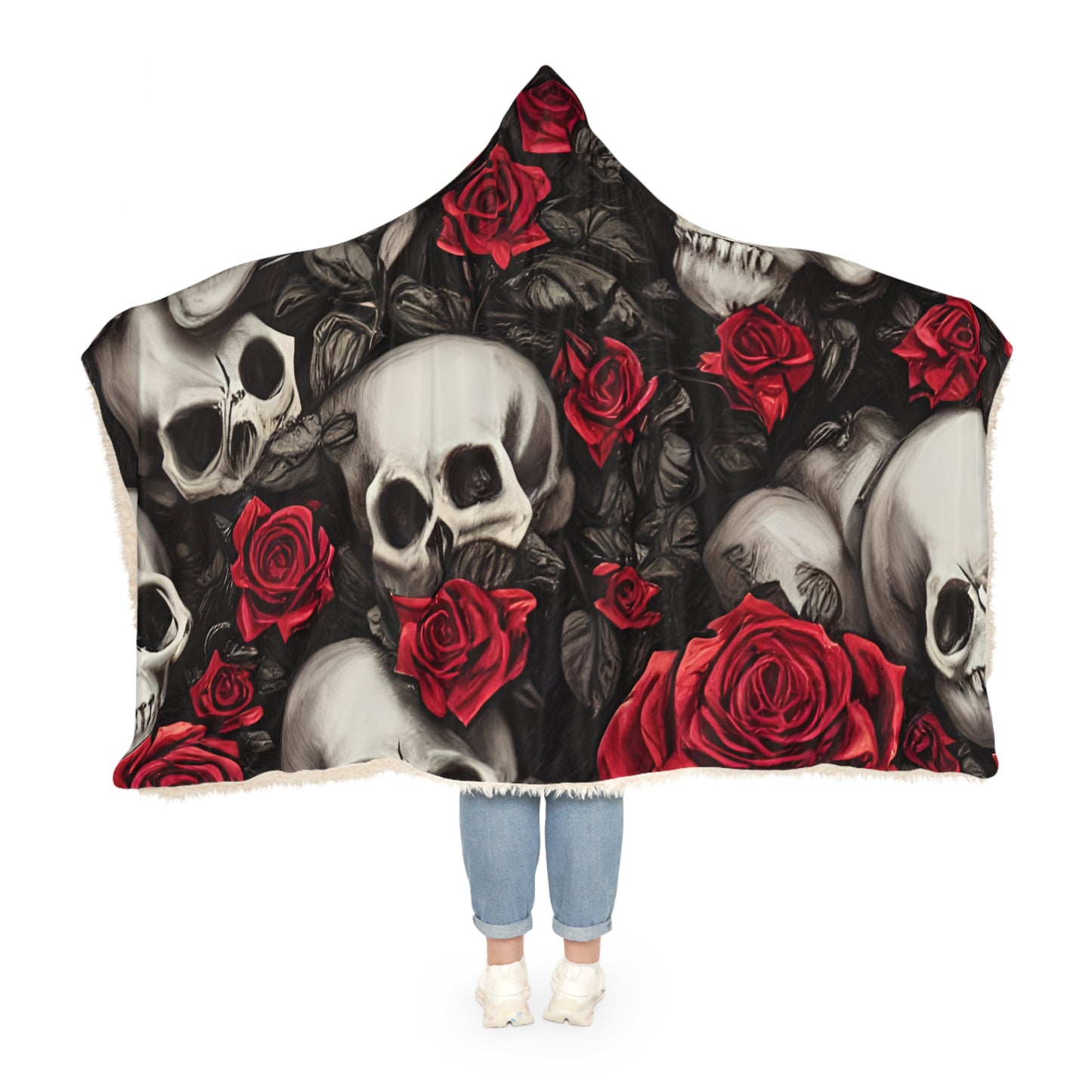 Artistry in Every Thread: AOP Snuggle Blanket with Hyper-Realistic Skulls and Red Roses by Anne-Laure Goupil