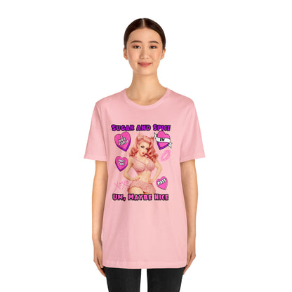 Sarcastic Elegance: Vintage Pink Pinup Girl "Sugar and Spice" on a Bella+Canva 3001 Unisex Jersey T-Shirt - A Must-Have Gift for her