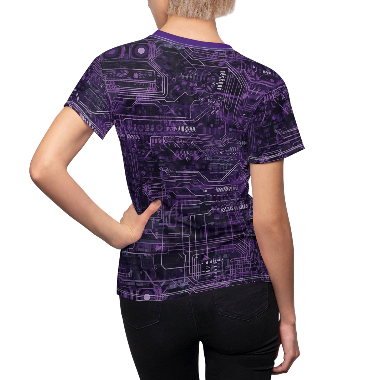 CyberPunk Cybernetic Skull breaking through a Purple Neon Circuit Board Women's Cut & Sew Tee (AOP)