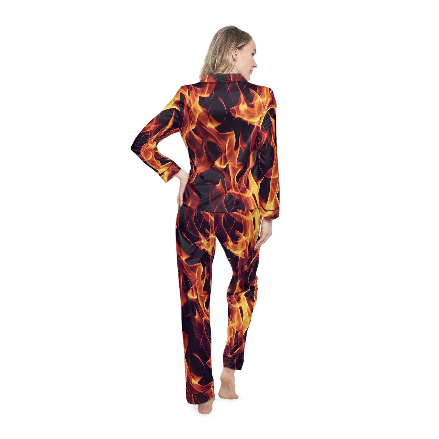 Women's Satin Pajamas with Orange Flame All Over Print (AOP) - Luxurious Comfort in a Fiery Design