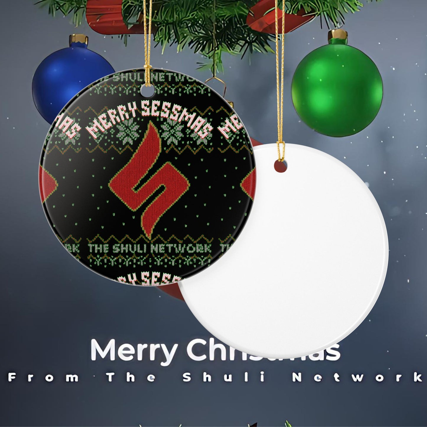 Ceramic Ornament — 'Merry Sessmas' Holiday Tree Decoration (Shuli Network Knit Design)