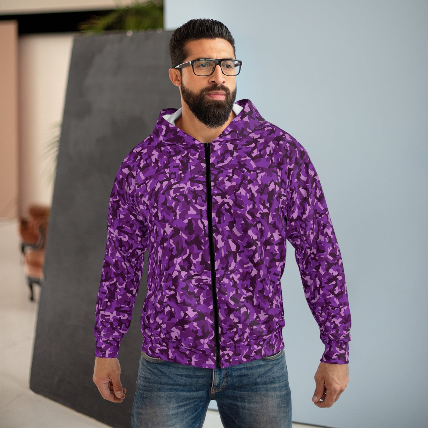 Urban Chic: Purple & Pink Digital Camo All Over Print Zip Hoodie