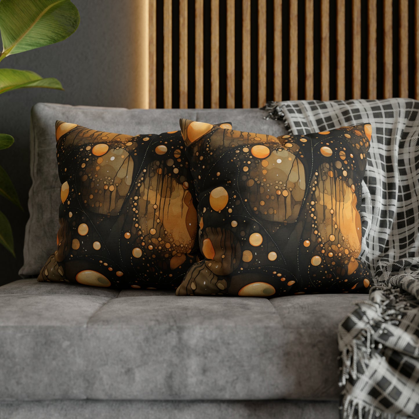 Halloween Yellow Orange Floating Blobs and Dark Spun Polyester Square Pillow Case