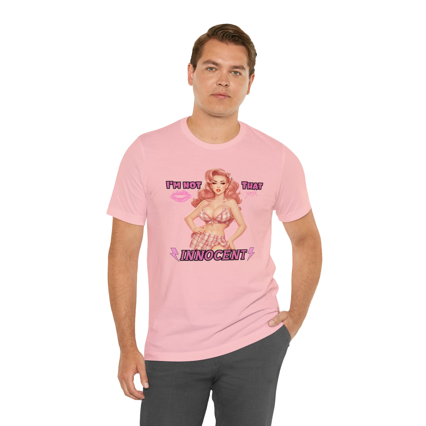 Timeless Elegance: Vintage Pink Pinup Girl "I'm not that Innocent on a Bella+Canva 3001 Unisex Jersey T-Shirt - A Must-Have Gift for her