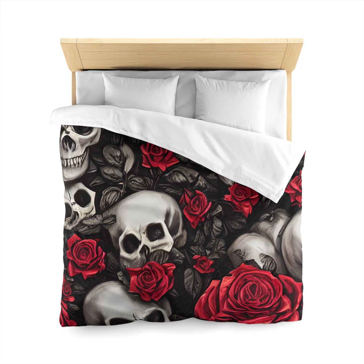 Hyper Realistic Skulls and Red Roses by artist Anne-Laure Goupil Microfiber Duvet Cover