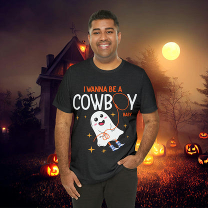 Little Ghost Saying I wanna be a cowboy baby Retro Groovy Western Halloween Unisex Jersey Short Sleeve Tee Gifts for Him Gifts for her.