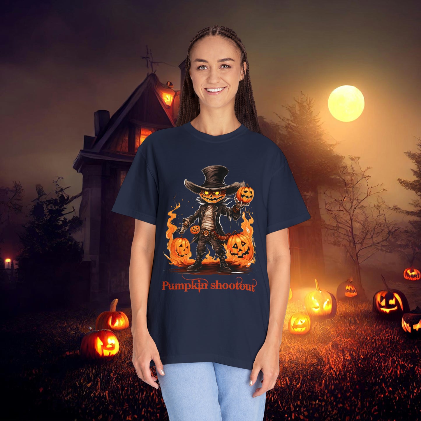 Cowboy Skeleton Gunslinger Pumpkin Shoot Out Halloween Unisex Garment-Dyed T-shirt Gifts for her Gifts for him