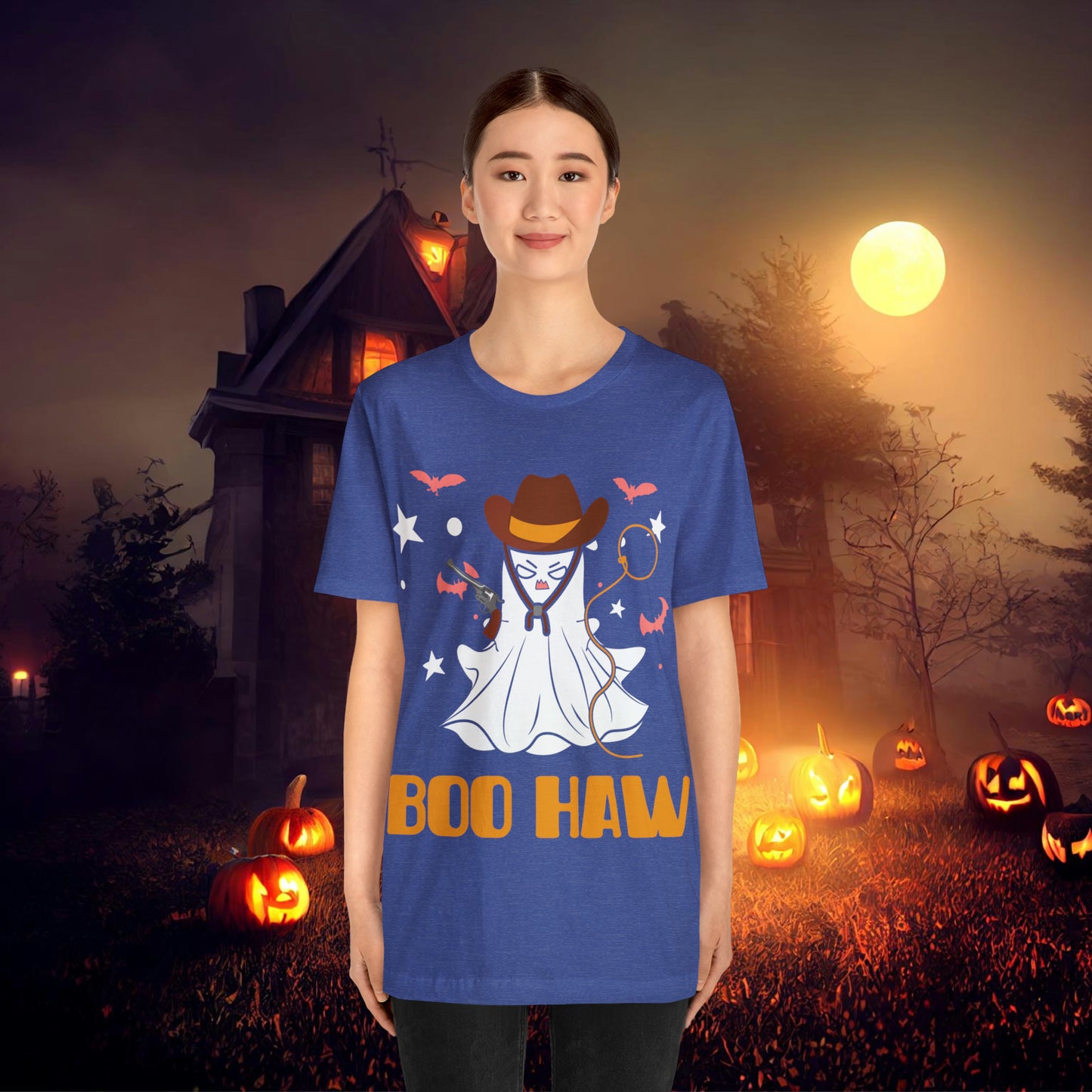 Ghost Cowboy Gunslinger saying Boo Haw Retro Western Halloween Unisex Jersey Short Sleeve Tee Gifts for Her Gifts for Him