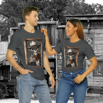 Spooky Saloon Showdown Gunslinging Skeleton Cowboy Halloween Unisex Jersey Short Sleeve Tee