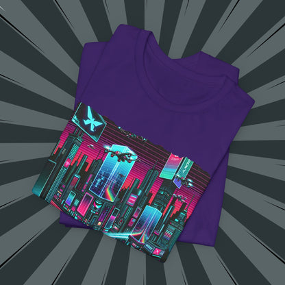 Neon Cityscape Tee, Retro Graphic T-Shirt, Unisex Casual Wear, Streetwear, Holiday Gift, Cyberpunk Style