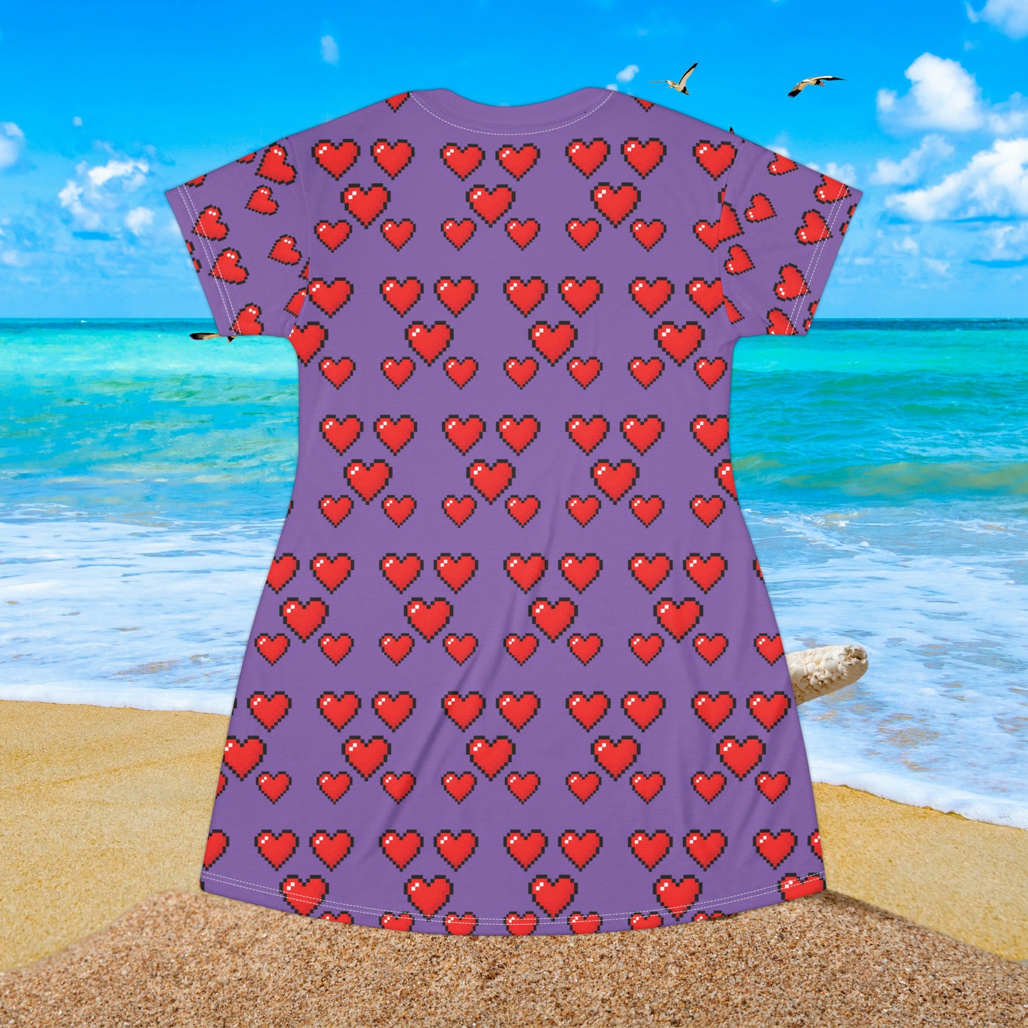 8 bit Heart in Light Purple T-Shirt Dress (AOP)