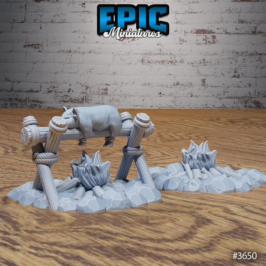 Bandit Camp Scatter Terrain – Campfires, Roasting Pig, Cooking Pot, Banner & Axe