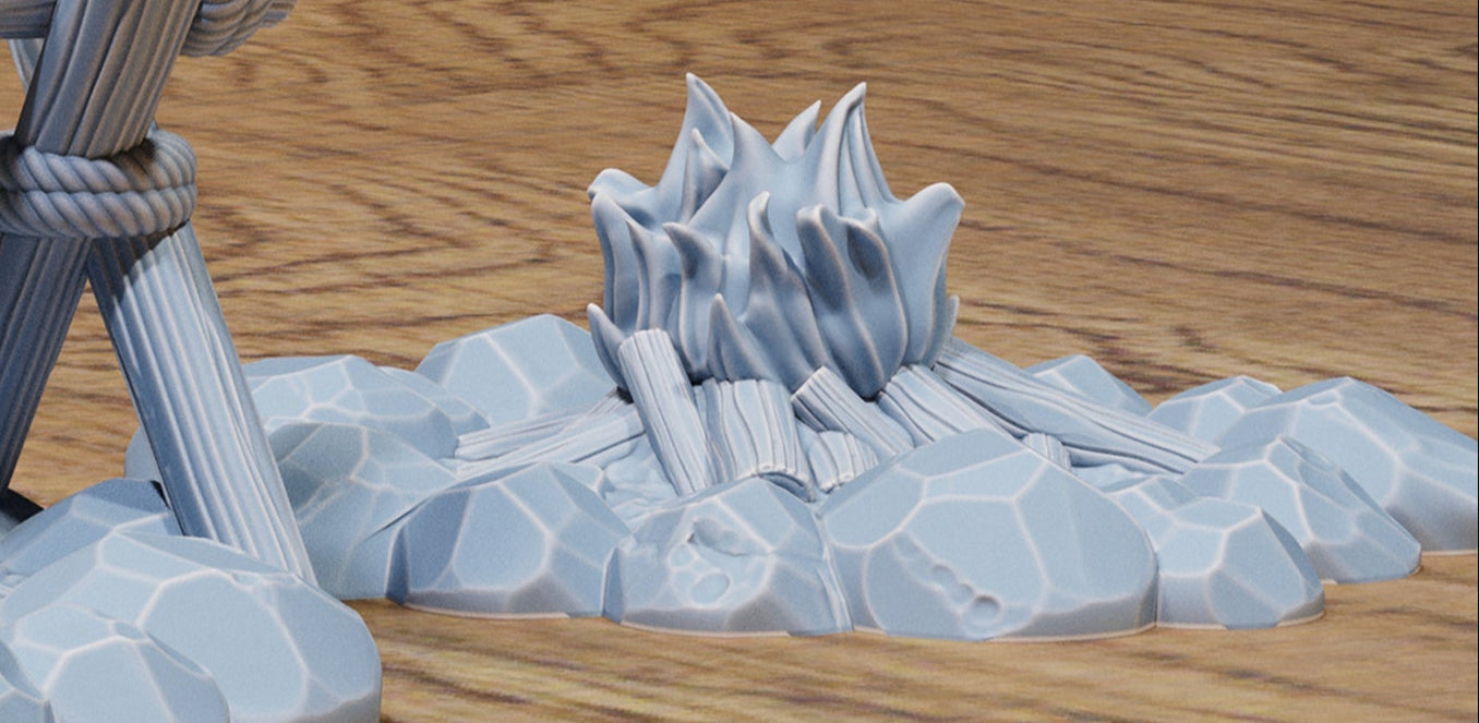 Bandit Camp Scatter Terrain – Campfires, Roasting Pig, Cooking Pot, Banner & Axe