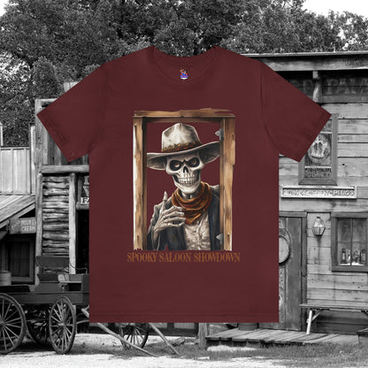Spooky Saloon Showdown Gunslinging Skeleton Cowboy Halloween Unisex Jersey Short Sleeve Tee