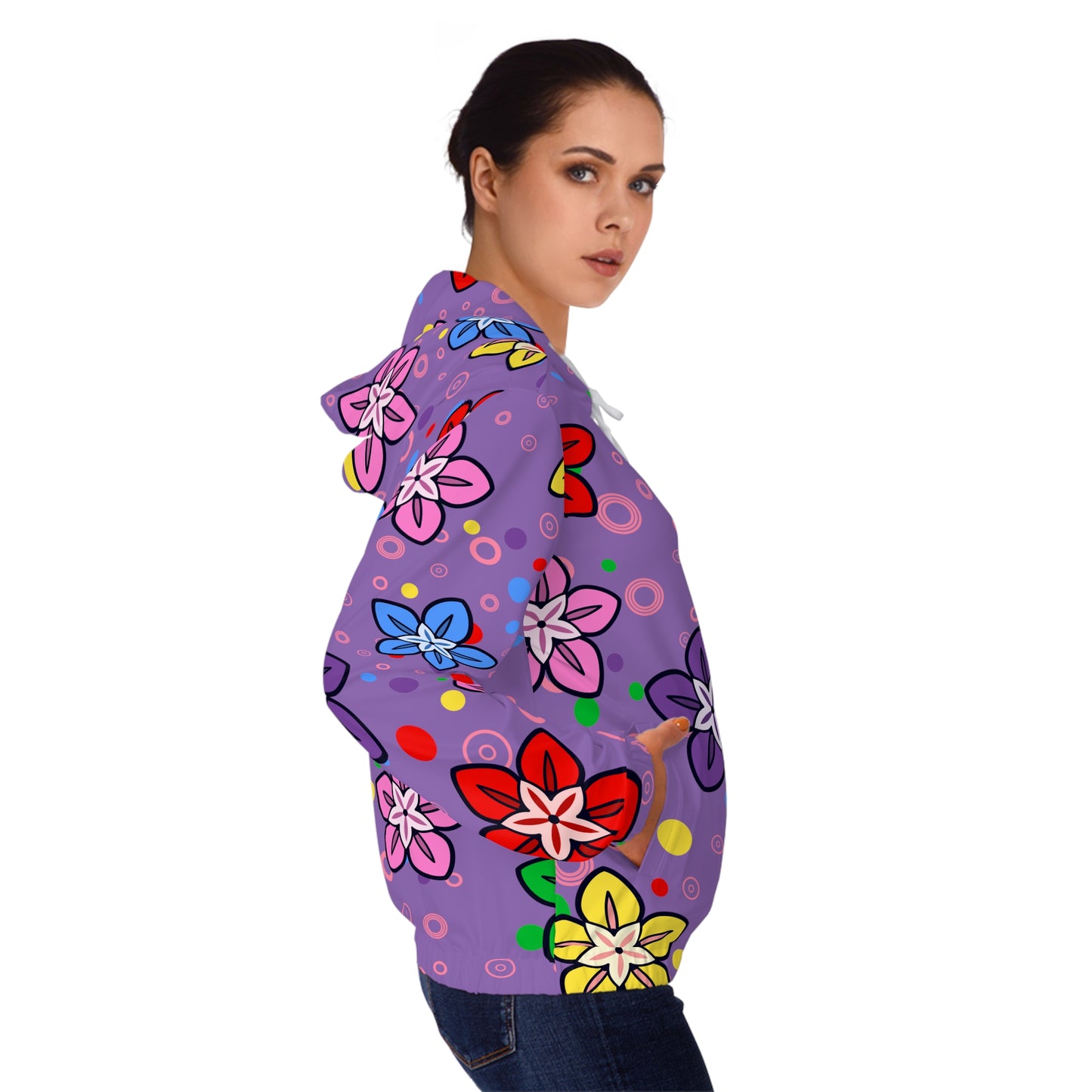 Good Times and Good Vibes Retro Colorful Flowers on a Purple background Womens Full-Zip Hoodie (AOP)