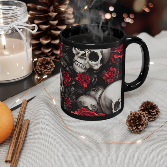 Hyper Realistic Skulls and Red Roses by artist Anne-Laure Goupil 11oz Black Mug