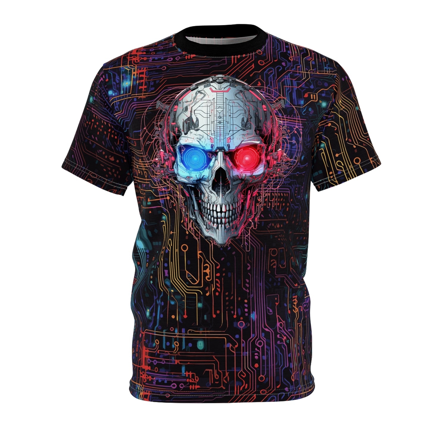 CyberPunk Futuristic Cybernetic Skull With Glowing Blue and Red Eyes breaking through a Neon Circuit Board Unisex Cut & Sew Tee (AOP)