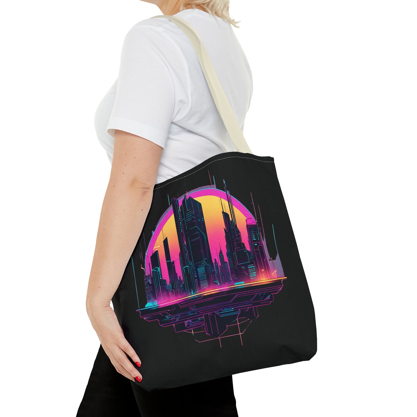 Cyberpunk City Landscape AOP Tote Bag 3 sizes 5 color handle options