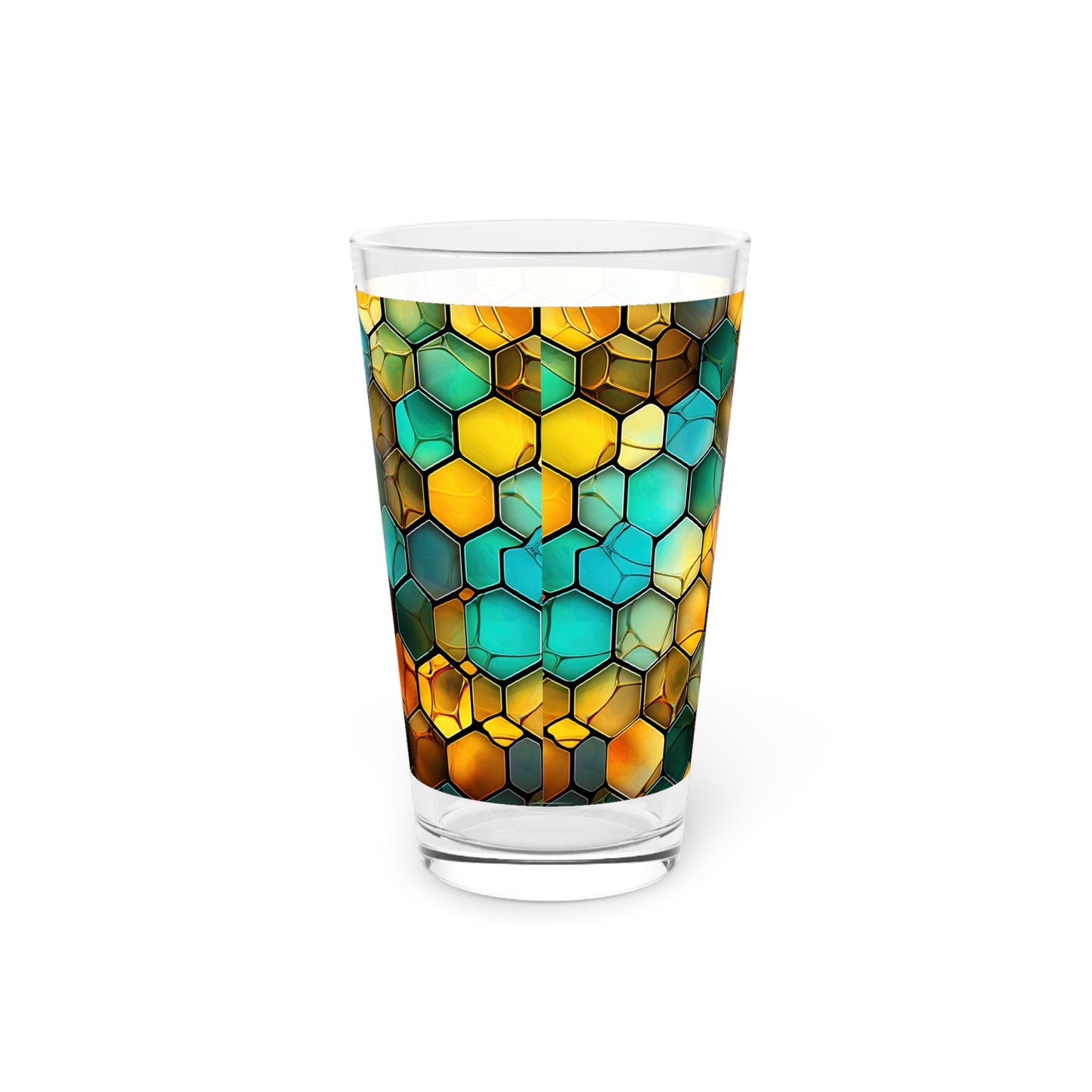 Buzzing Beauty: A Blue and Yellow Honeycomb Stained Glass Artwork on a 16oz Pint Glass Gift idea gifts for home decor housewarming gift