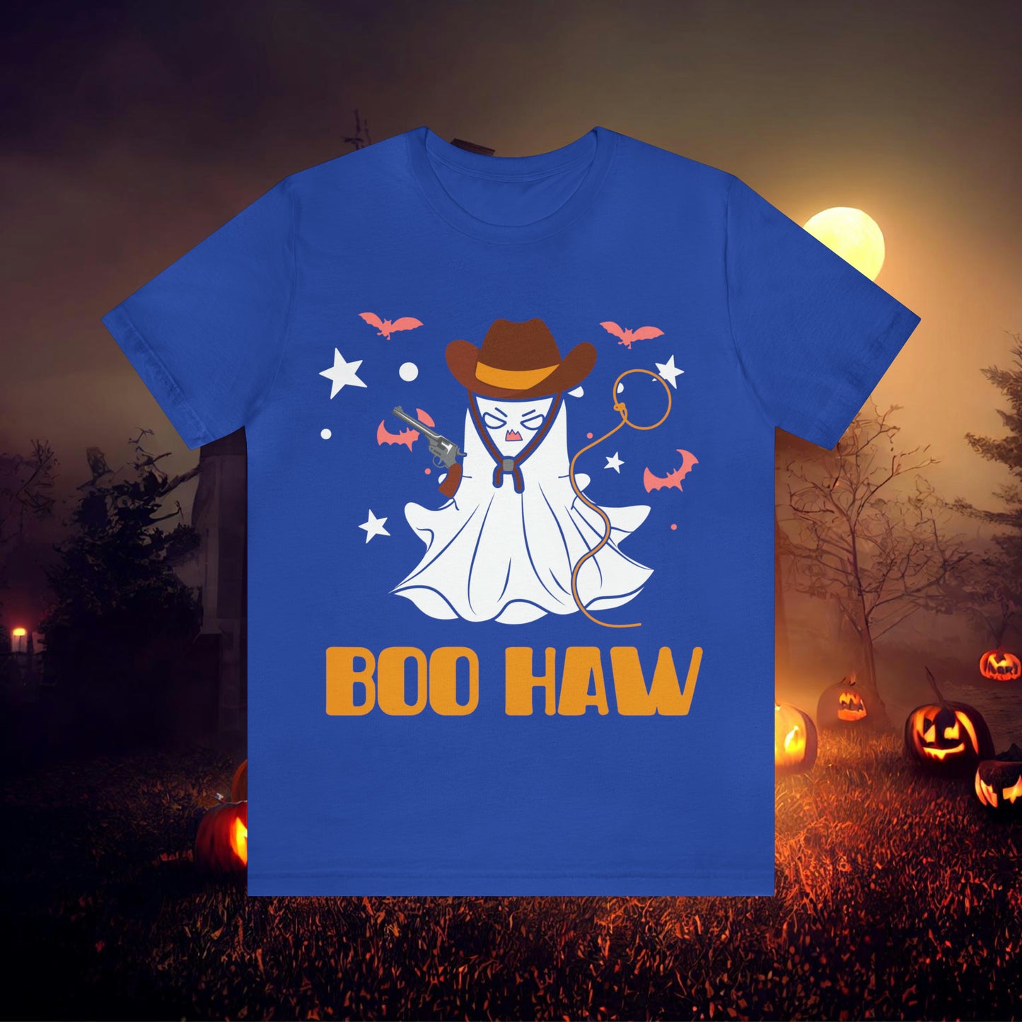 Ghost Cowboy Gunslinger saying Boo Haw Retro Western Halloween Unisex Jersey Short Sleeve Tee Gifts for Her Gifts for Him