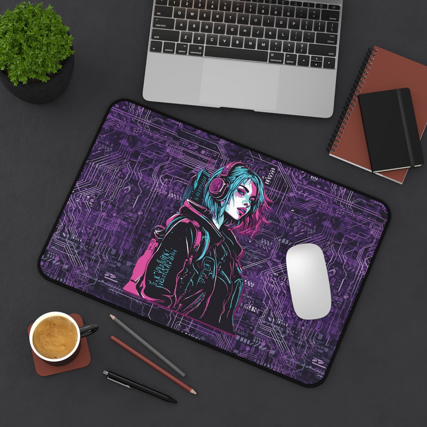 Desk Mat - Neon Futuristic Lights Cyberpunk Girl