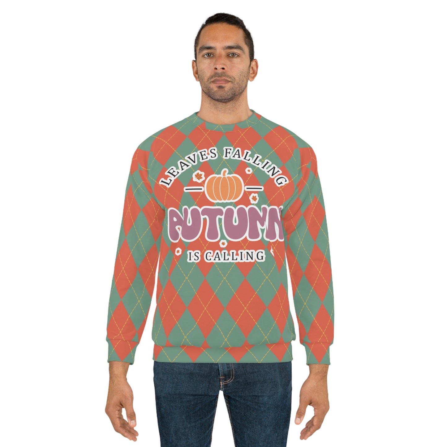 Vintage Green and Orange Rhombus pattern Fall Unisex Sweatshirt (AOP) - Embrace Autumn's Beauty in Style