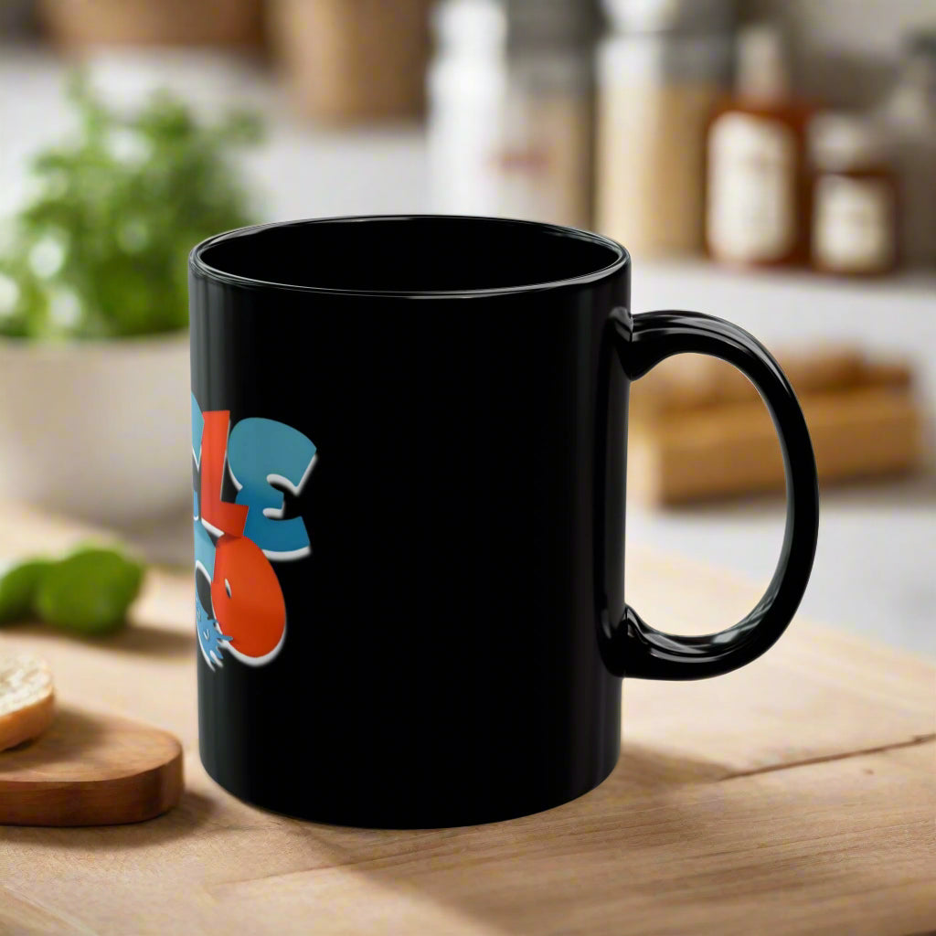Black mug with colorful design on a white background