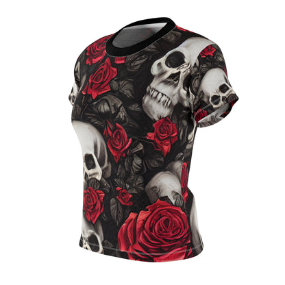 Hyper Realistic Skulls and Red Roses by artist Anne-Laure Goupil Women's Cut & Sew Tee (AOP)