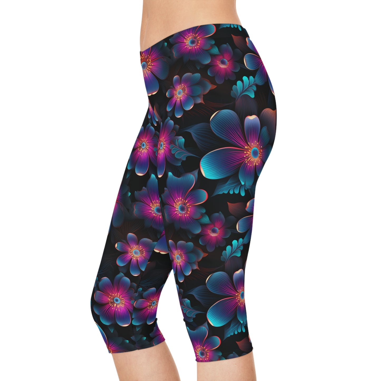 Women's Capri Leggings with Neon Flower Pattern - Vibrant AOP Activewear