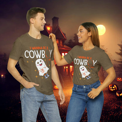 Little Ghost Saying I wanna be a cowboy baby Retro Groovy Western Halloween Unisex Jersey Short Sleeve Tee Gifts for Him Gifts for her.