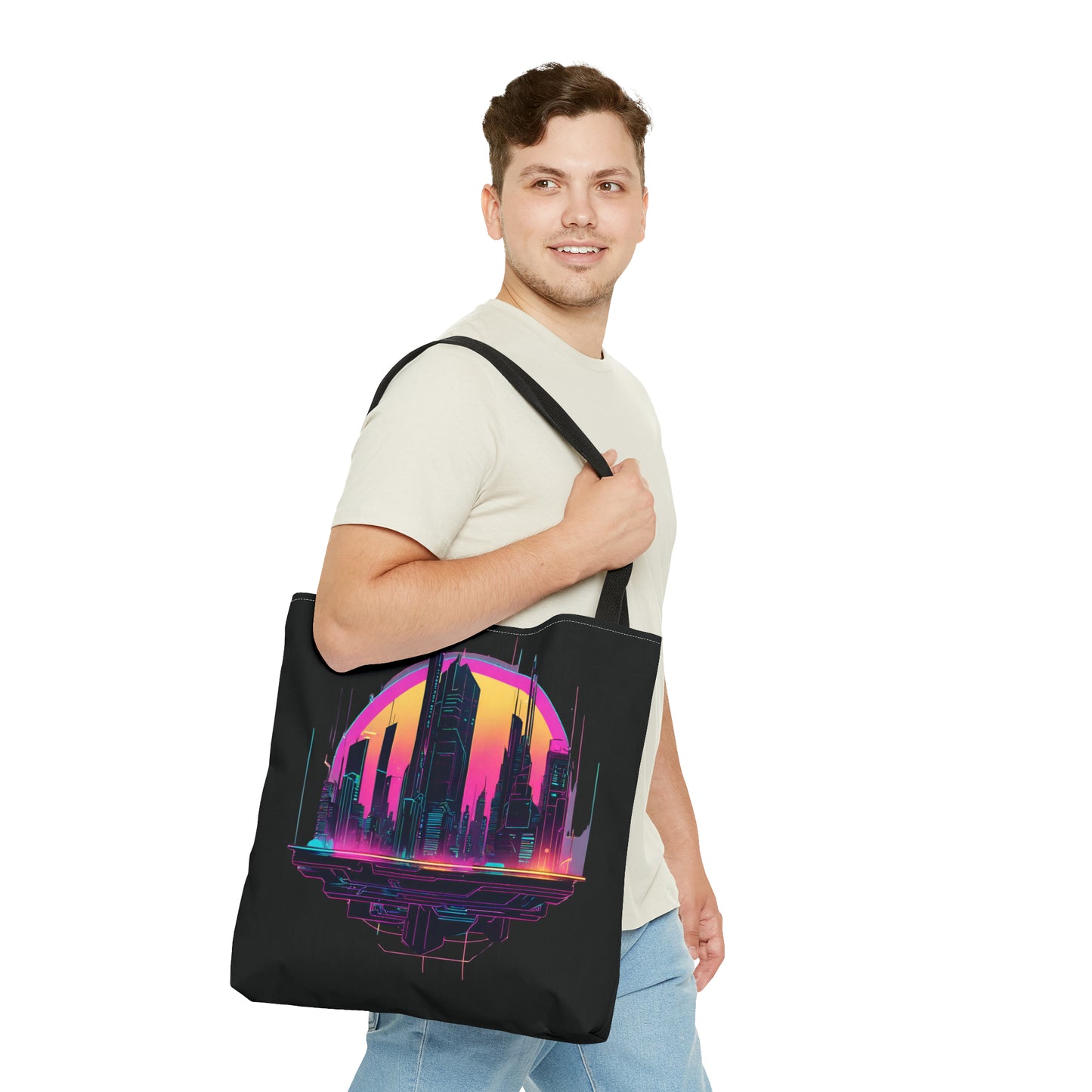 Cyberpunk City Landscape AOP Tote Bag 3 sizes 5 color handle options