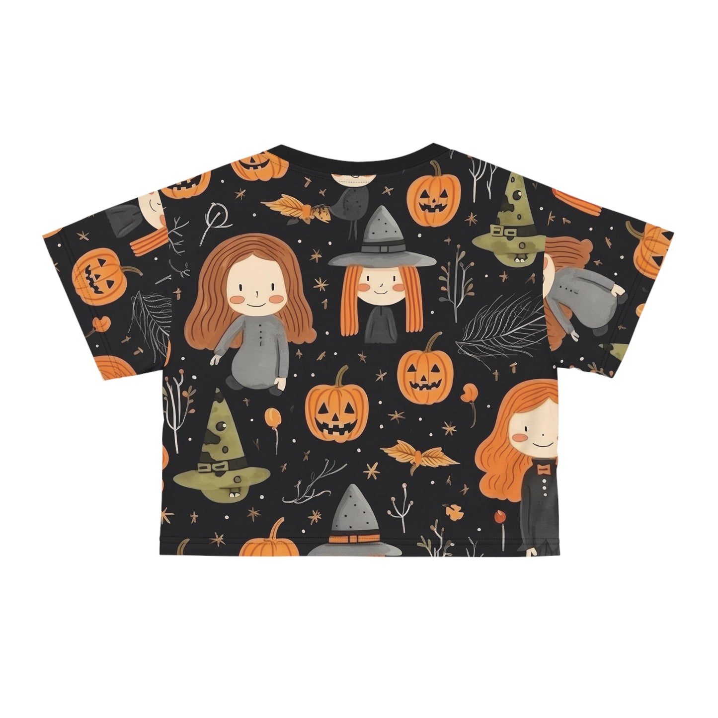 Halloween Trick or Treat Ghosts Witch Hats Jack o Lanterns Crop Tee (AOP)