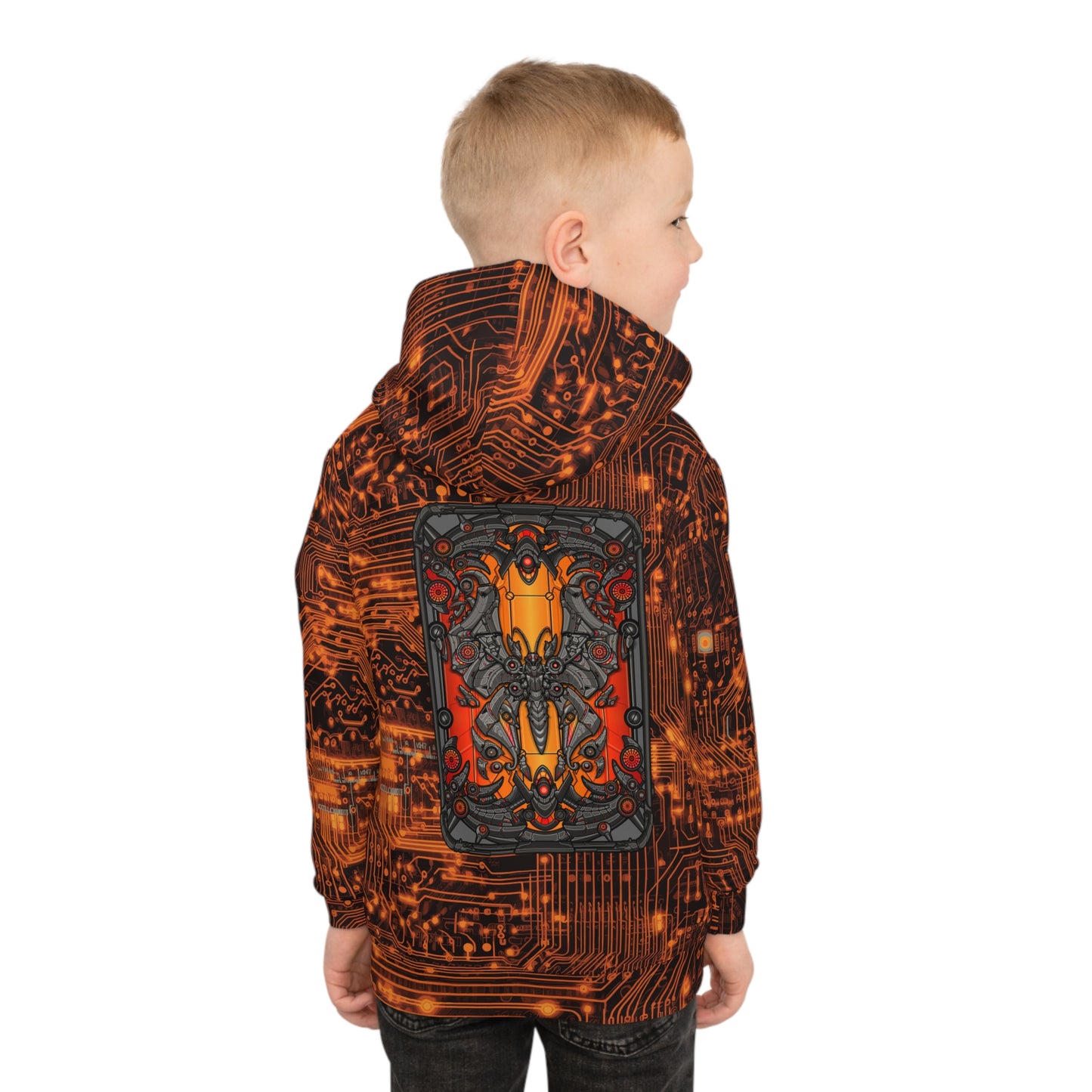 Tech Adventure Awaits: All Over Print Children's Hoodie with Orange Circuit Board and Robotic Bug Children's Hoodie (AOP)