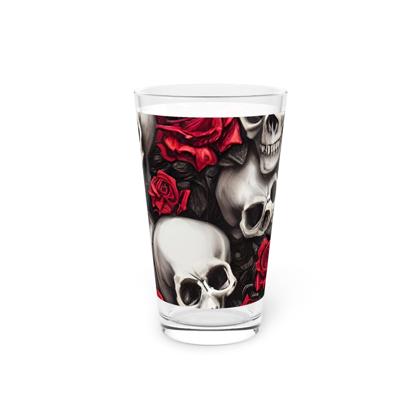 Hyper Realistic Skulls and Red Roses by artist Anne-Laure Goupil Pint Glass, 16oz