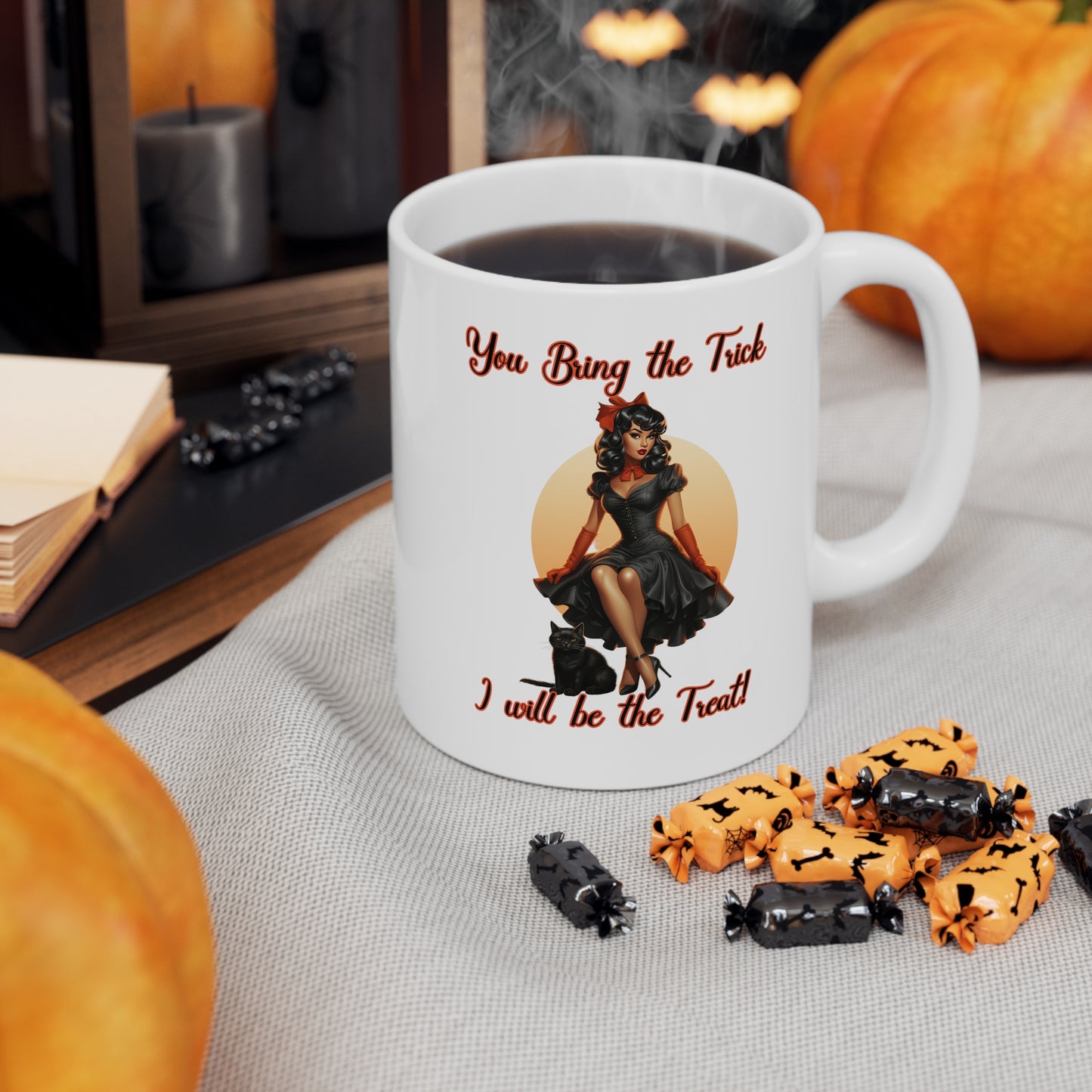 Vintage Pinup Witch: Sip Your Spells in Style "You bring the Trick I will be the Treat" Halloween Ceramic 11oz Mug gifts for her