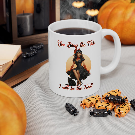 Vintage Pinup Witch: Sip Your Spells in Style "You bring the Trick I will be the Treat" Halloween Ceramic 11oz Mug gifts for her