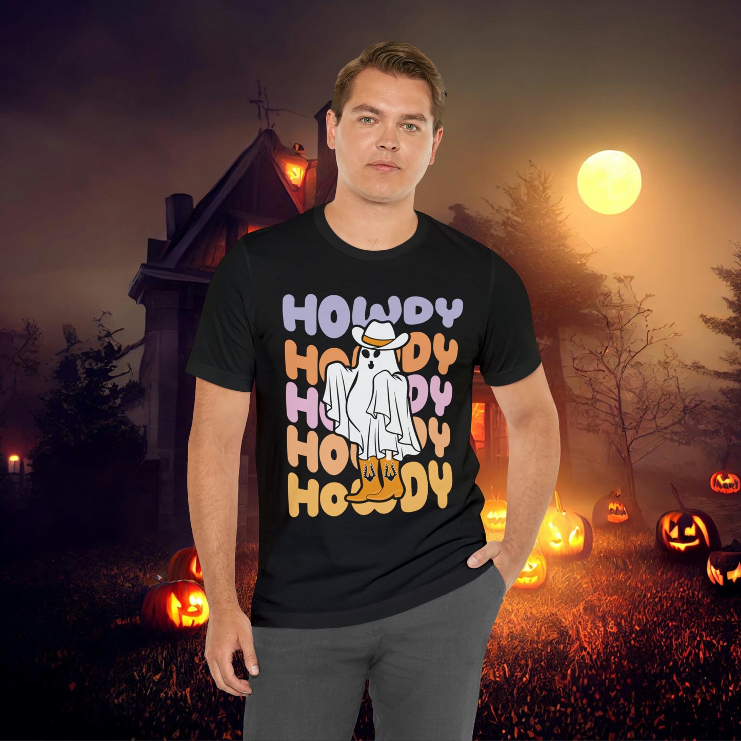 Cowboy Ghost Howdy Retro Halloween Unisex Jersey Short Sleeve Tee Gifts for Him Gifts For Her