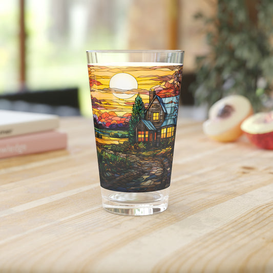 Rural Serenity: a charming farmhouse, near a cobblestone path 16oz Pint Glass Gift idea gifts for home decor housewarming gift