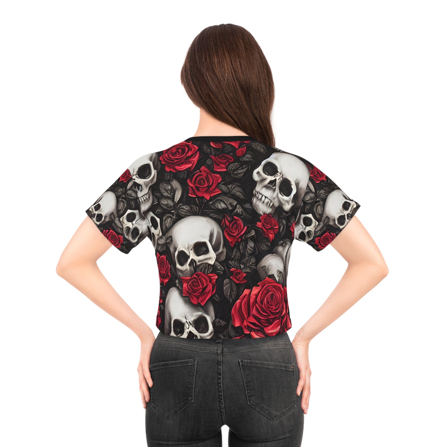 Hyper Realistic Skulls and Red Roses by artist Anne-Laure Goupil Crop Tee (AOP)