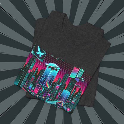 Neon Cityscape Tee, Retro Graphic T-Shirt, Unisex Casual Wear, Streetwear, Holiday Gift, Cyberpunk Style