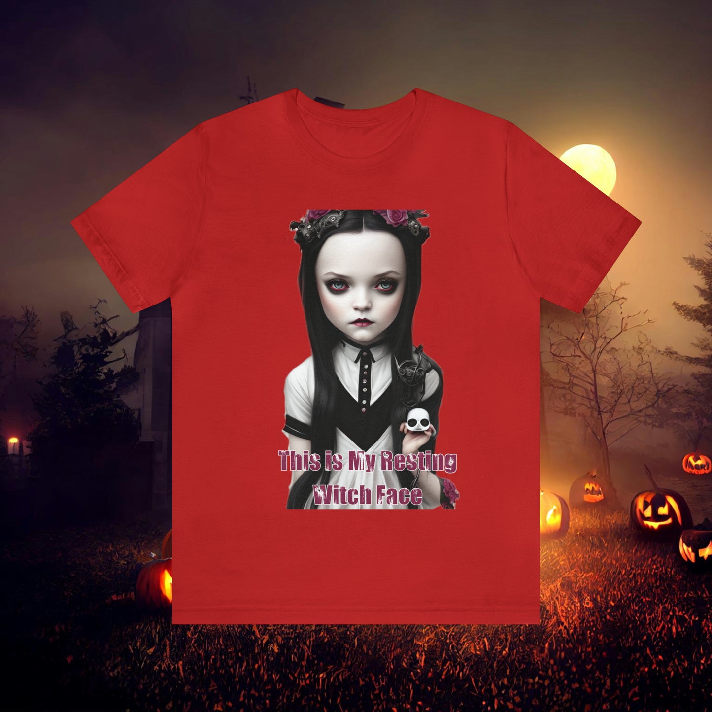 Wednesday Addams Chibi by Charlie Bowater This Is my Resting Witch Face Halloween Unisex Jersey Short Sleeve Tee